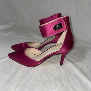 Womens Nicole Miller Pink Satin Ankle Strap Heels Sz 8 Closed Toe Stiletto